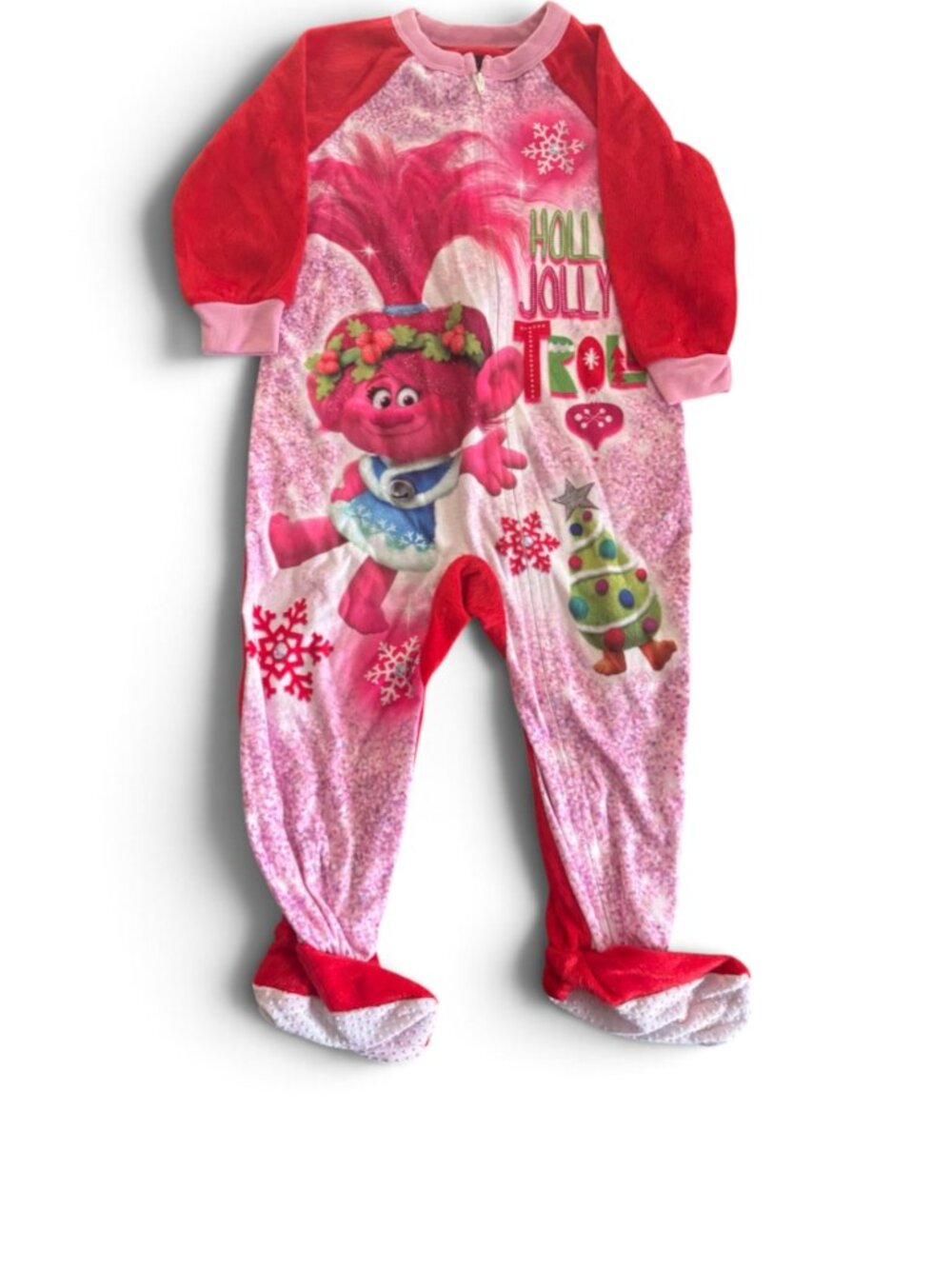 NWT Girls Trolls Poppy Christmas Footed Pajamas Pink Red Holiday Sleeper